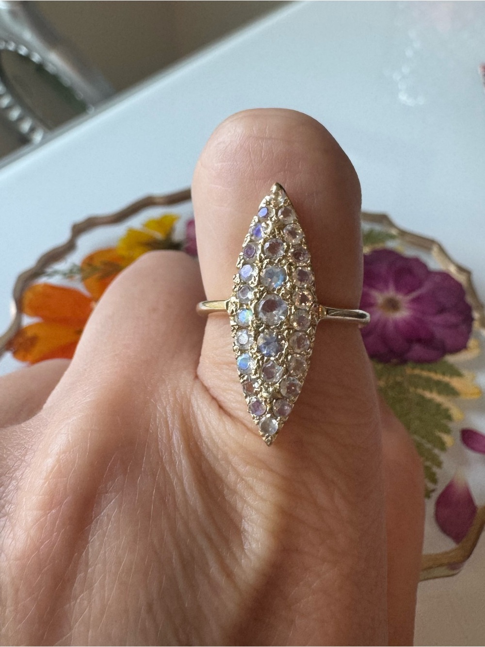 14k Gold Marquise Rainbow Moonstone Ring - Iridescent Stones. Size 6.5.